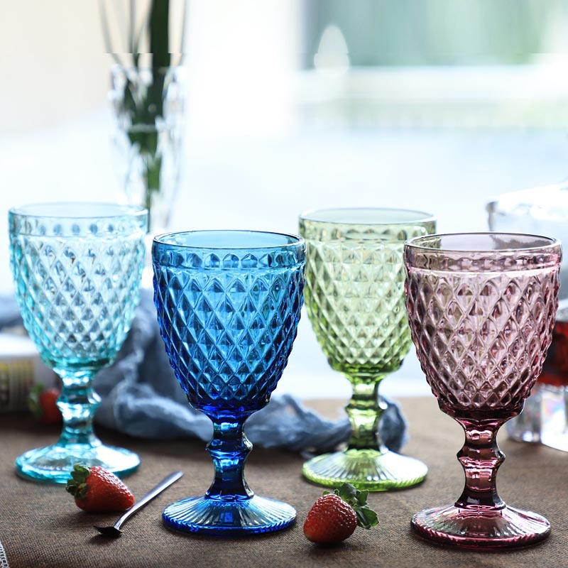 Wholesale Glassware Colored Goblet Drinking Wine Glasses Water Pressed Red Color Glass Goblets Cup